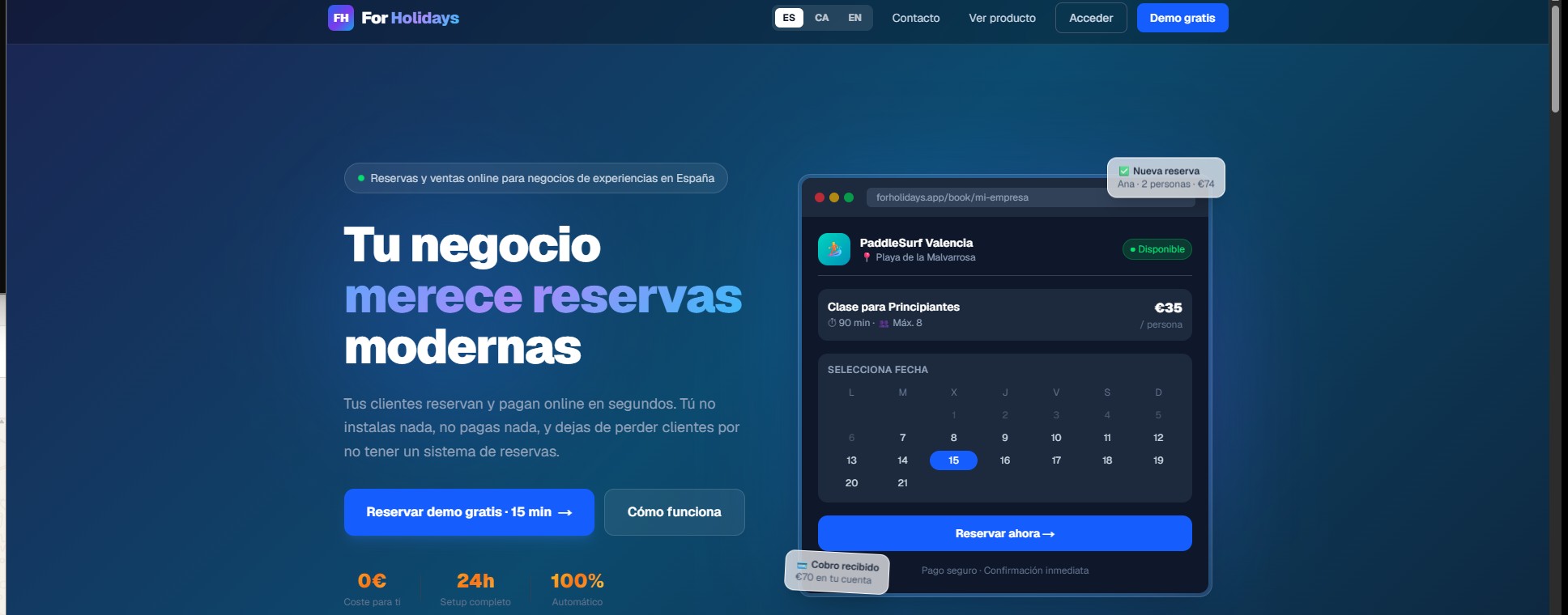 Captura de forholidays.app, una plataforma de reserves online i client del coworking
